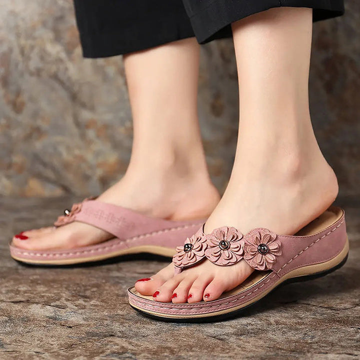 Women's Suede Wedge Sandals with Flower Accents for Comfort