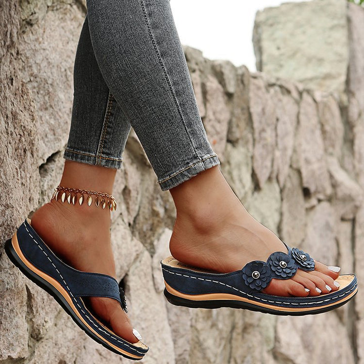 Women's Suede Wedge Sandals with Flower Accents for Comfort