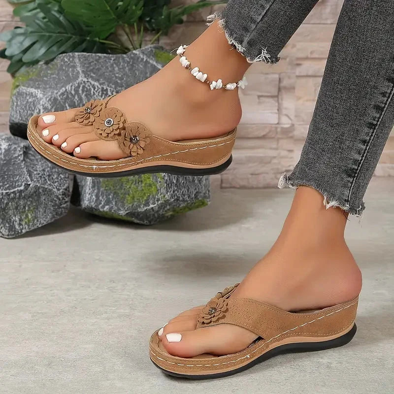 Women's Suede Wedge Sandals with Flower Accents for Comfort