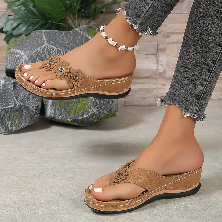 Women's Suede Wedge Sandals with Flower Accents for Comfort