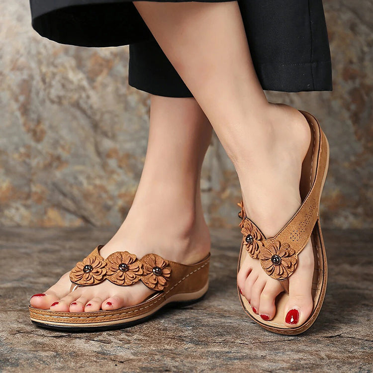 Women's Suede Wedge Sandals with Flower Accents for Comfort