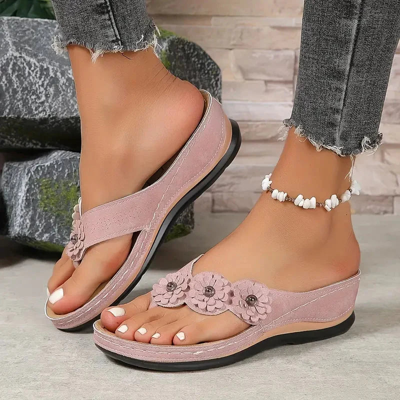 Women's Suede Wedge Sandals with Flower Accents for Comfort
