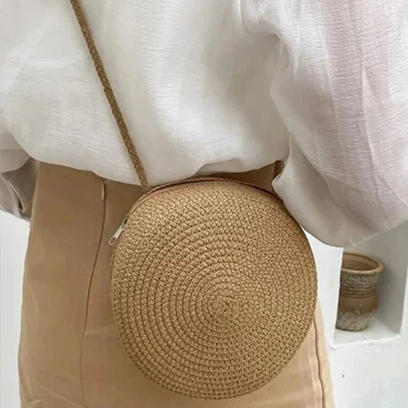 Sophia | Women's Stylish Round Hand-Woven Shoulder Bag with Zipper-The Yellow Prime