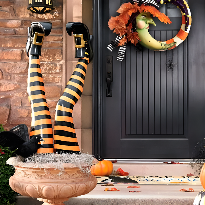 Halloween-Pflanzstecker mit Hexenbeinen und gestreiften Stiefeln, 2er-Set