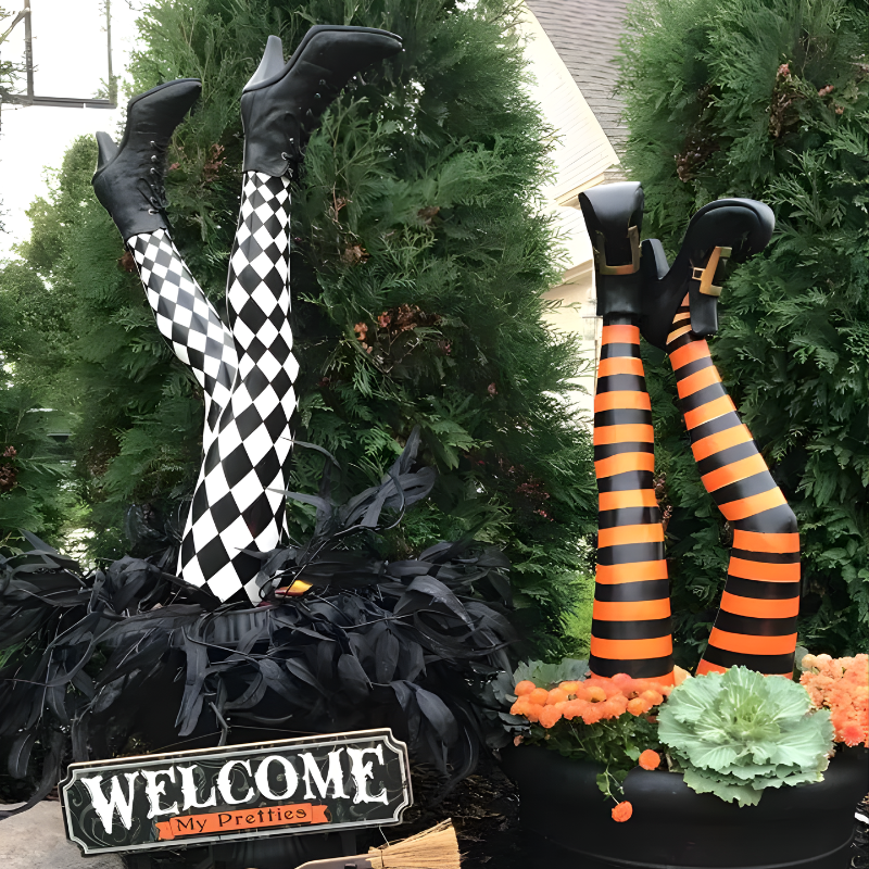Halloween-Pflanzstecker mit Hexenbeinen und gestreiften Stiefeln, 2er-Set