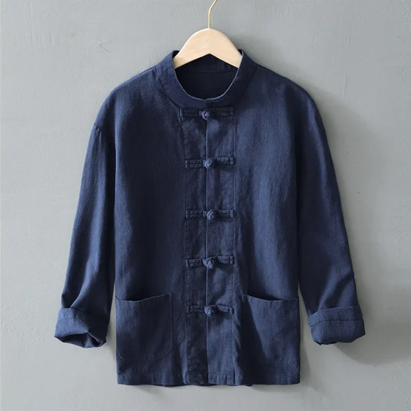 Men's Cotton-Linen Mandarin Collar Shirt-The Yellow Prime