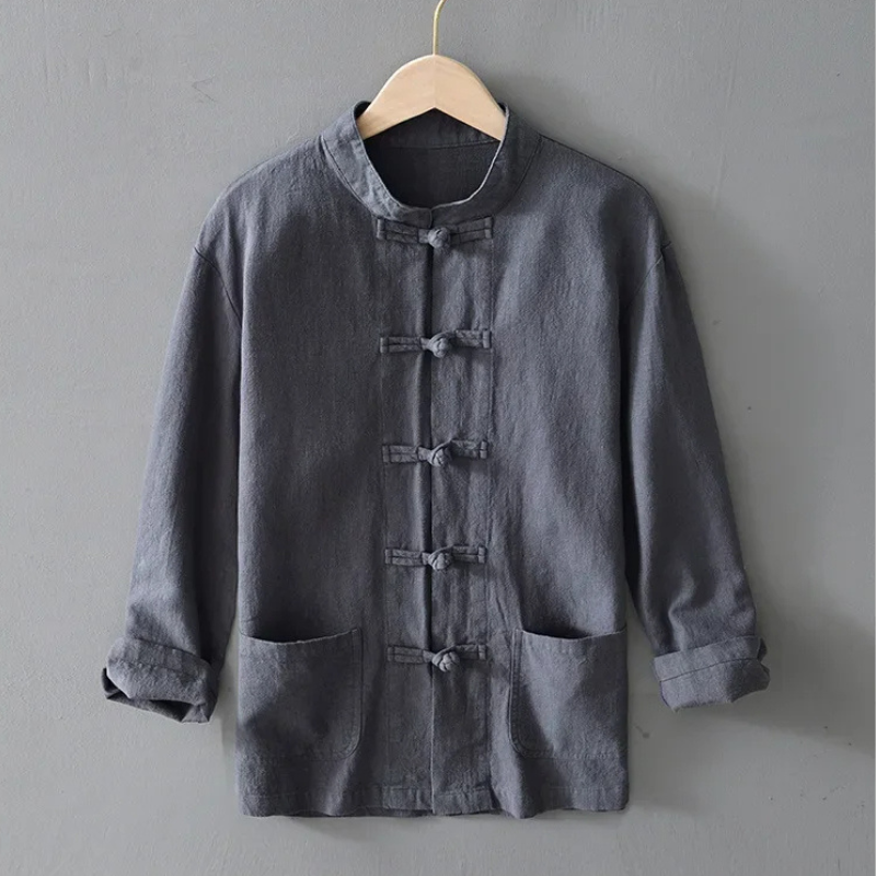 Men's Cotton-Linen Mandarin Collar Shirt-The Yellow Prime