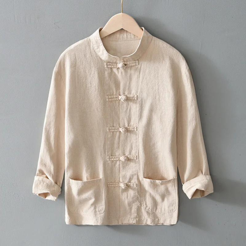 Men's Cotton-Linen Mandarin Collar Shirt-The Yellow Prime