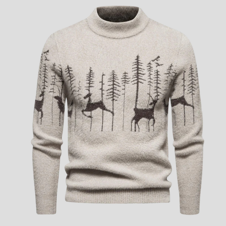 Men's Christmas Sweater with Reindeer and Forest Design