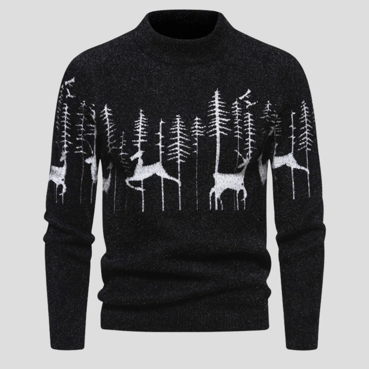 Men's Christmas Sweater with Reindeer and Forest Design