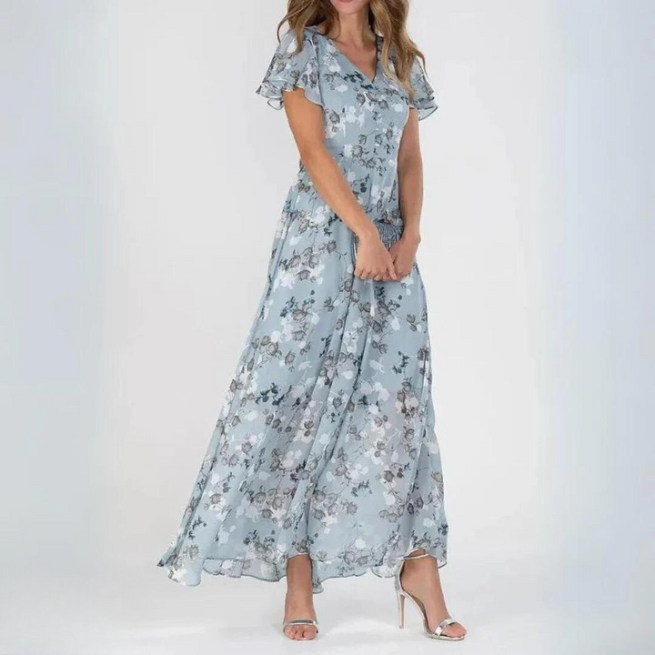 Sophia | Women's Chiffon Maxi Dress, V-Neck, Floral Pattern, Elegant & Airy-The Yellow Prime