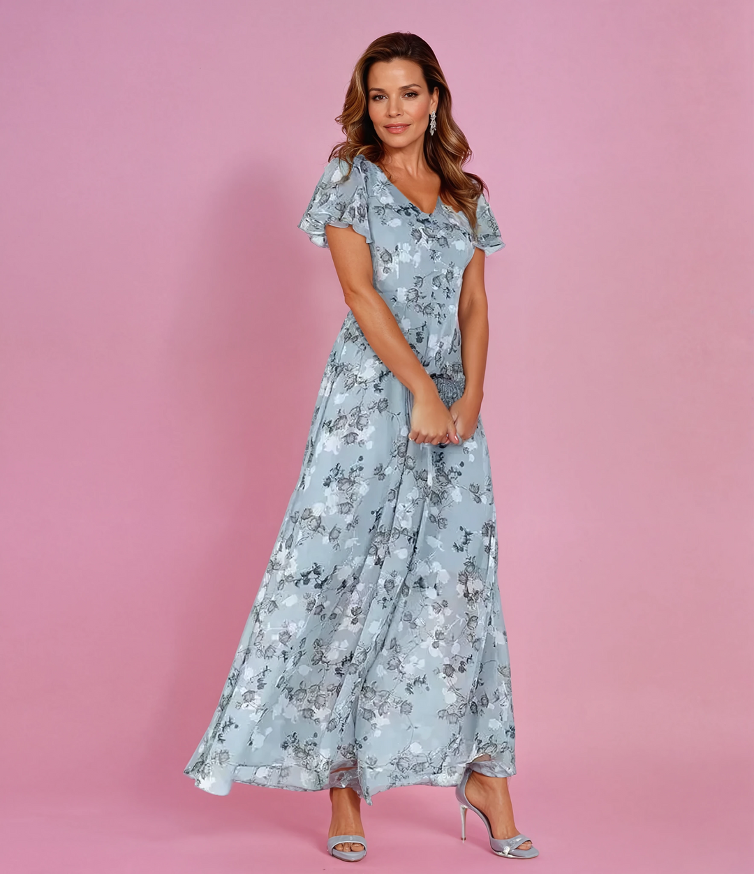 Sophia | Women's Chiffon Maxi Dress, V-Neck, Floral Pattern, Elegant & Airy-The Yellow Prime