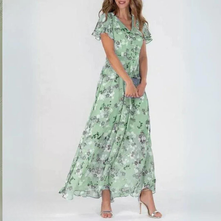 Sophia | Women's Chiffon Maxi Dress, V-Neck, Floral Pattern, Elegant & Airy-The Yellow Prime