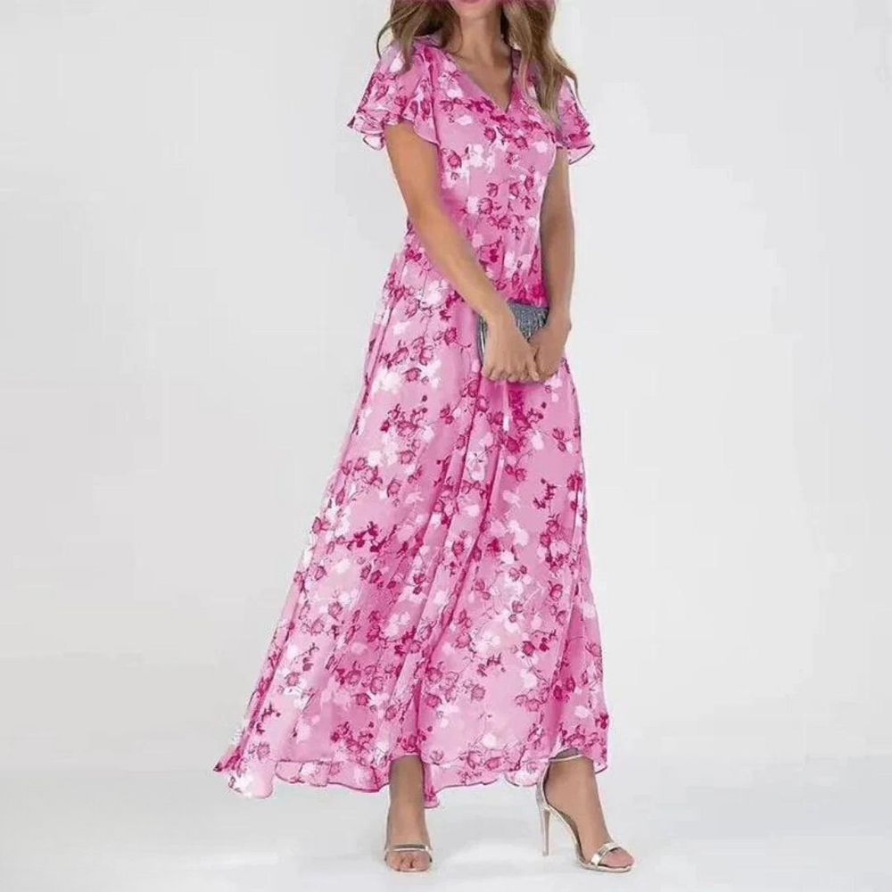 Sophia | Women's Chiffon Maxi Dress, V-Neck, Floral Pattern, Elegant & Airy-The Yellow Prime