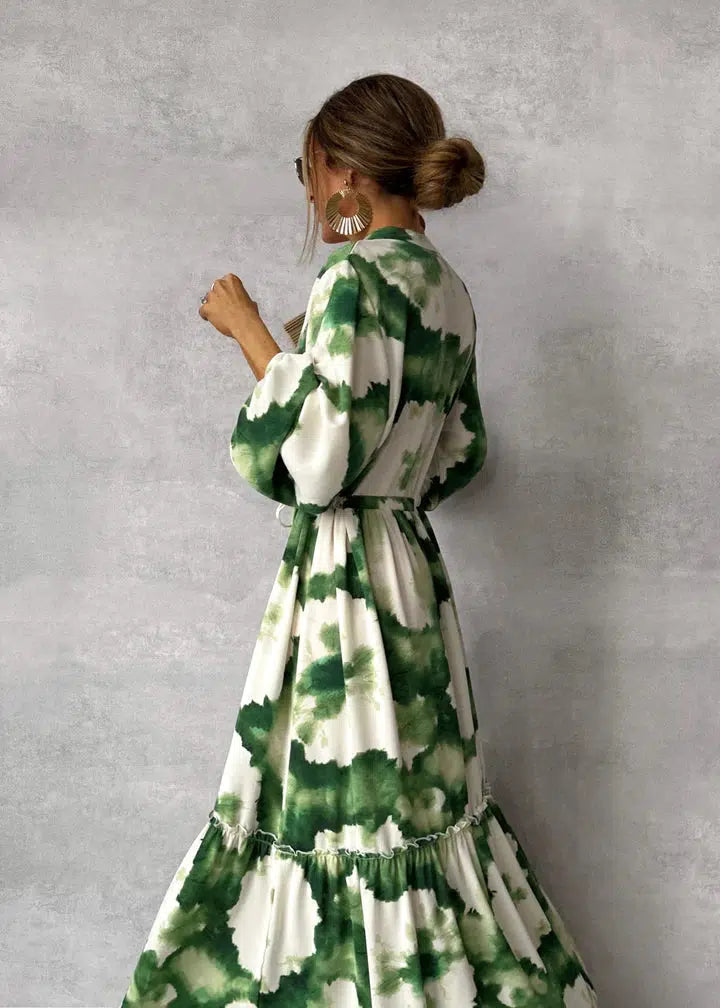 Women's Long Sleeve V-Neck Green Maxi Dress-The Yellow Prime