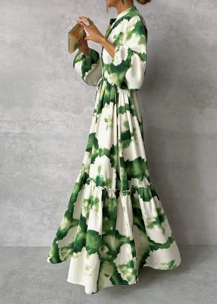 Women's Long Sleeve V-Neck Green Maxi Dress-The Yellow Prime