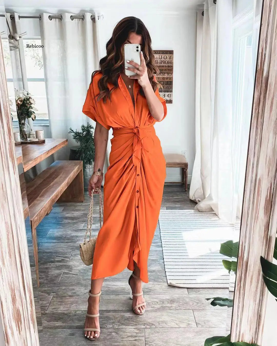 Women's Stylish Maxi Dress - Button-Front, Waist Tie, Draped Design-The Yellow Prime