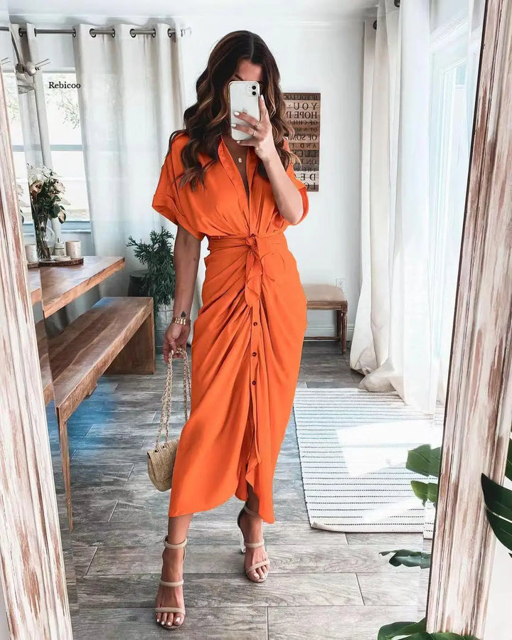 Women's Stylish Maxi Dress - Button-Front, Waist Tie, Draped Design-The Yellow Prime