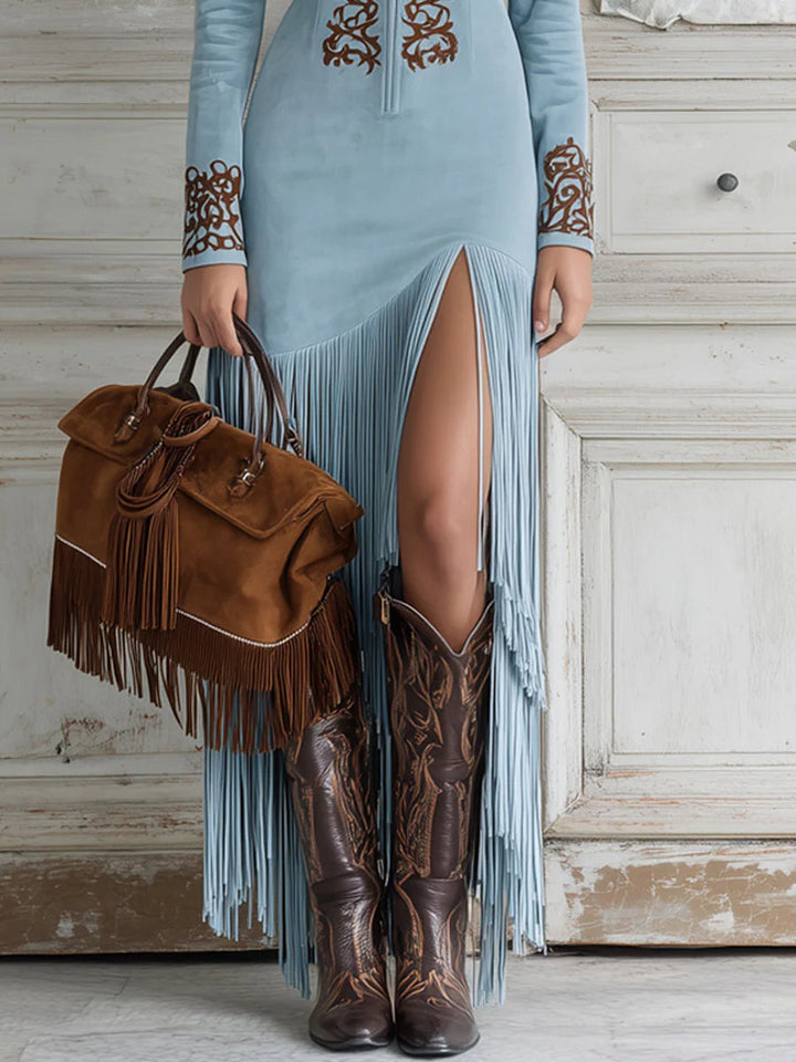 Rosalina | Women's Suede Fringe Maxi Dress for Summer-The Yellow Prime