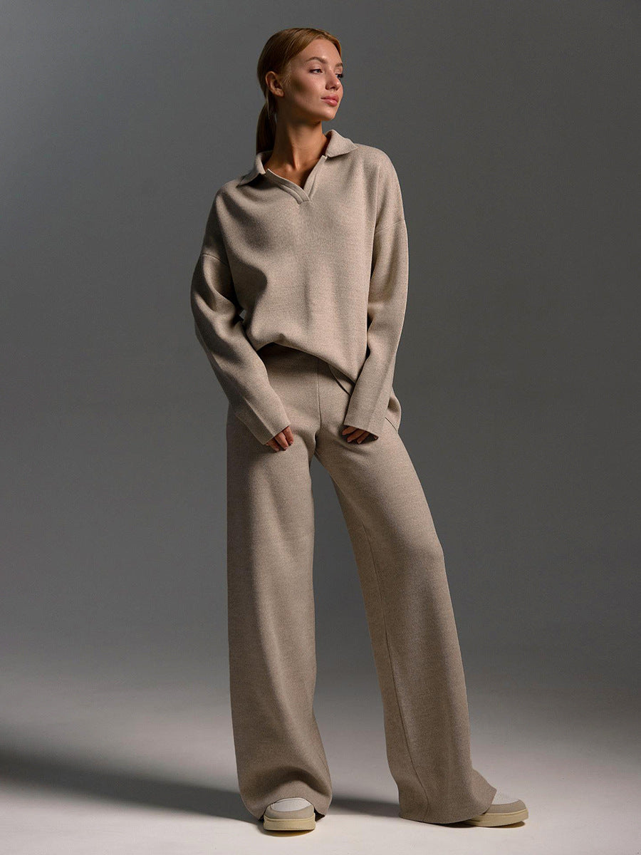 Women's Wide Collar Polo Shirt and Pants Outfit Set-The Yellow Prime