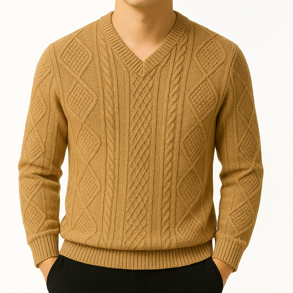 William | Men's Cable Knit V-Neck Wool Pullover Sweater-The Yellow Prime