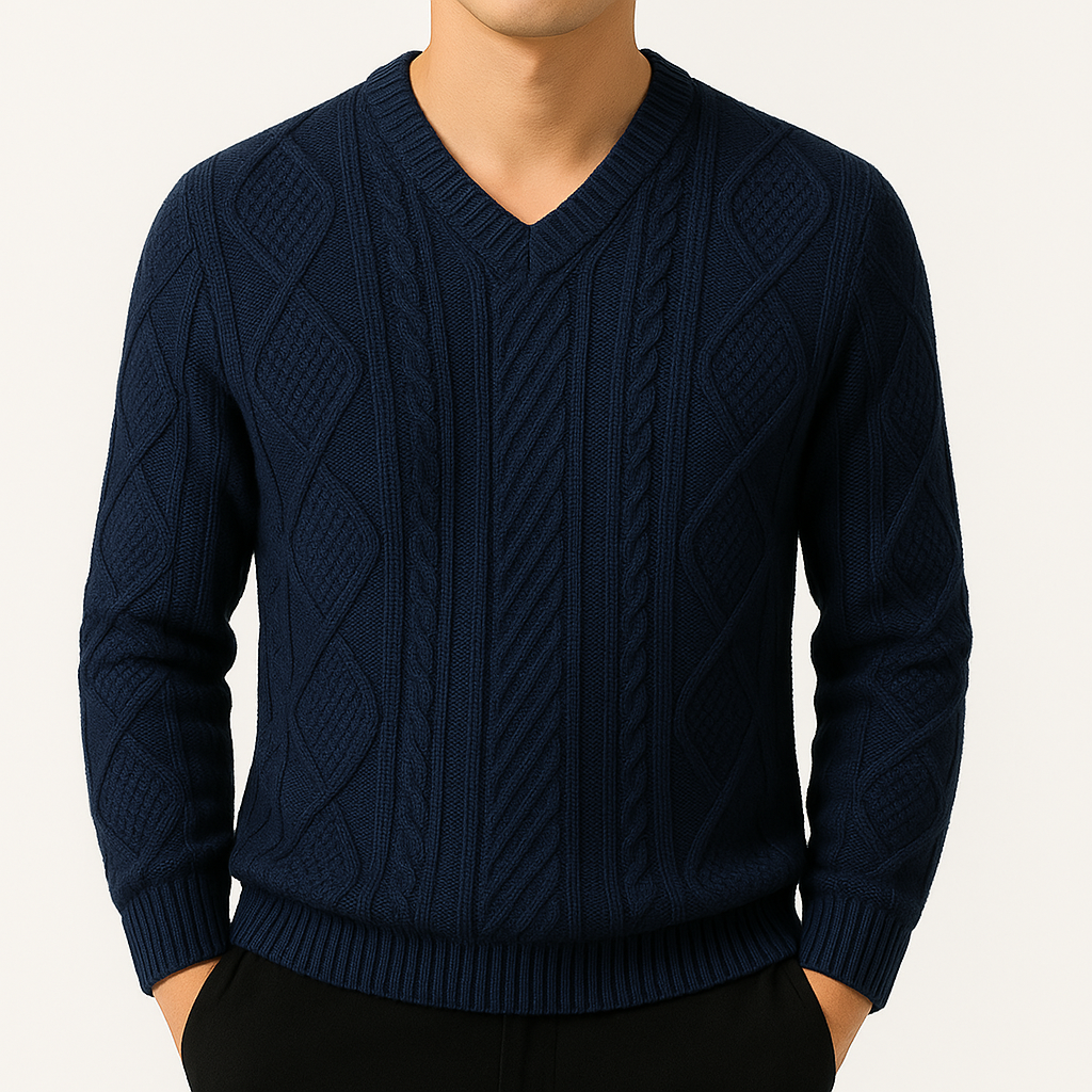 William | Men's Cable Knit V-Neck Wool Pullover Sweater-The Yellow Prime