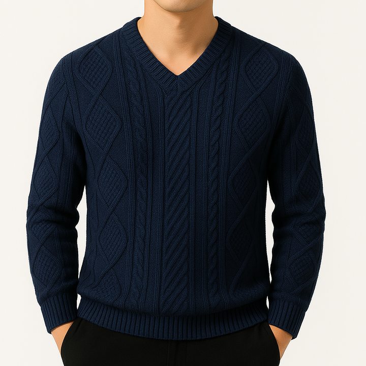 William | Men's Cable Knit V-Neck Wool Pullover Sweater-The Yellow Prime