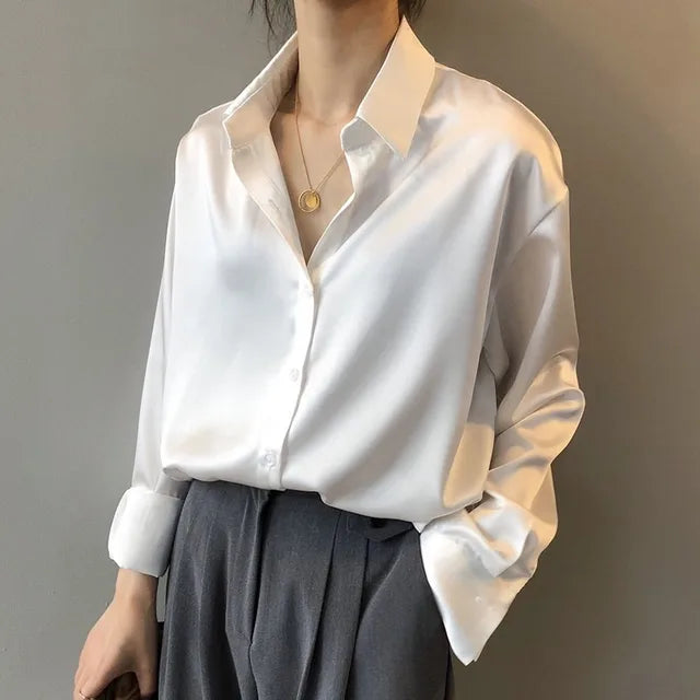 Kelsey | Women's Classic Satin Blouse with Buttons-The Yellow Prime