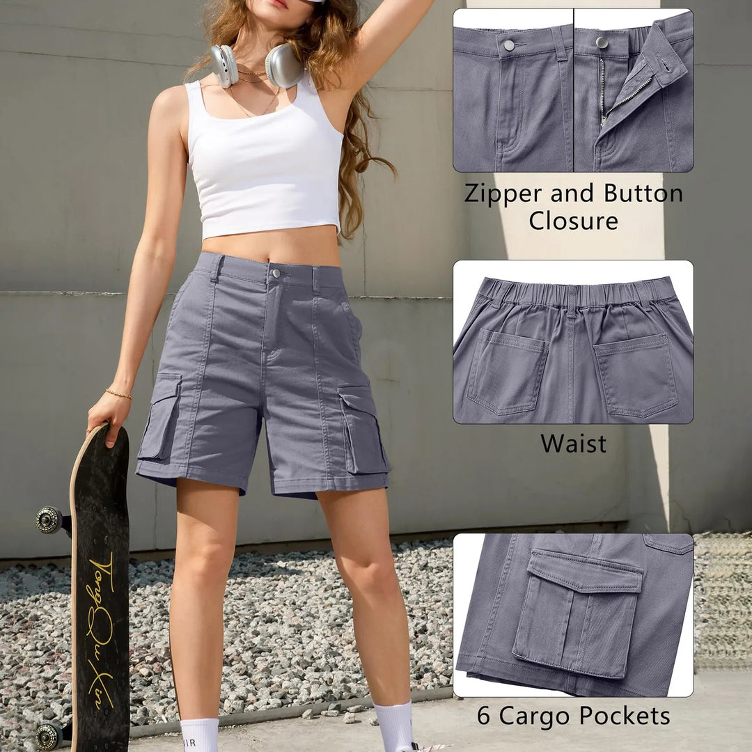 Women's Vintage Cargo Shorts: Elastic Waist and 6 Pockets-The Yellow Prime