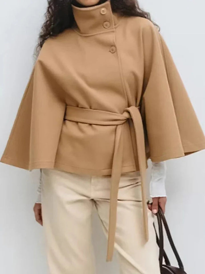 Women's Belted High Collar Jacket with Button Front