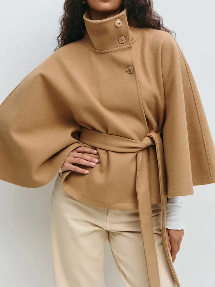 Women's Belted High Collar Jacket with Button Front