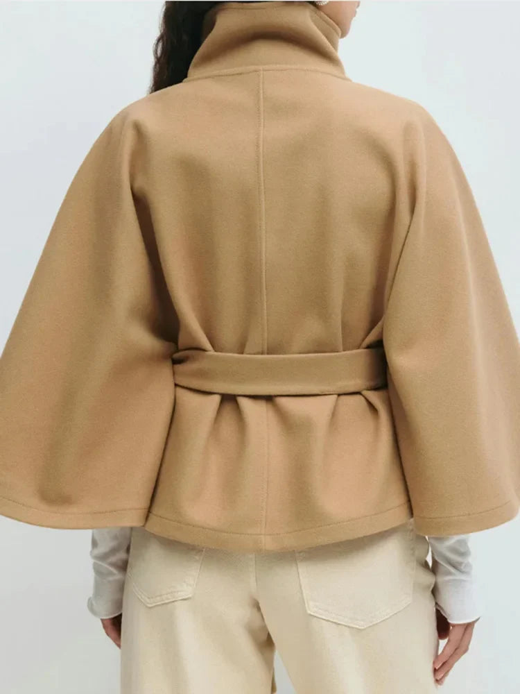 Women's Belted High Collar Jacket with Button Front
