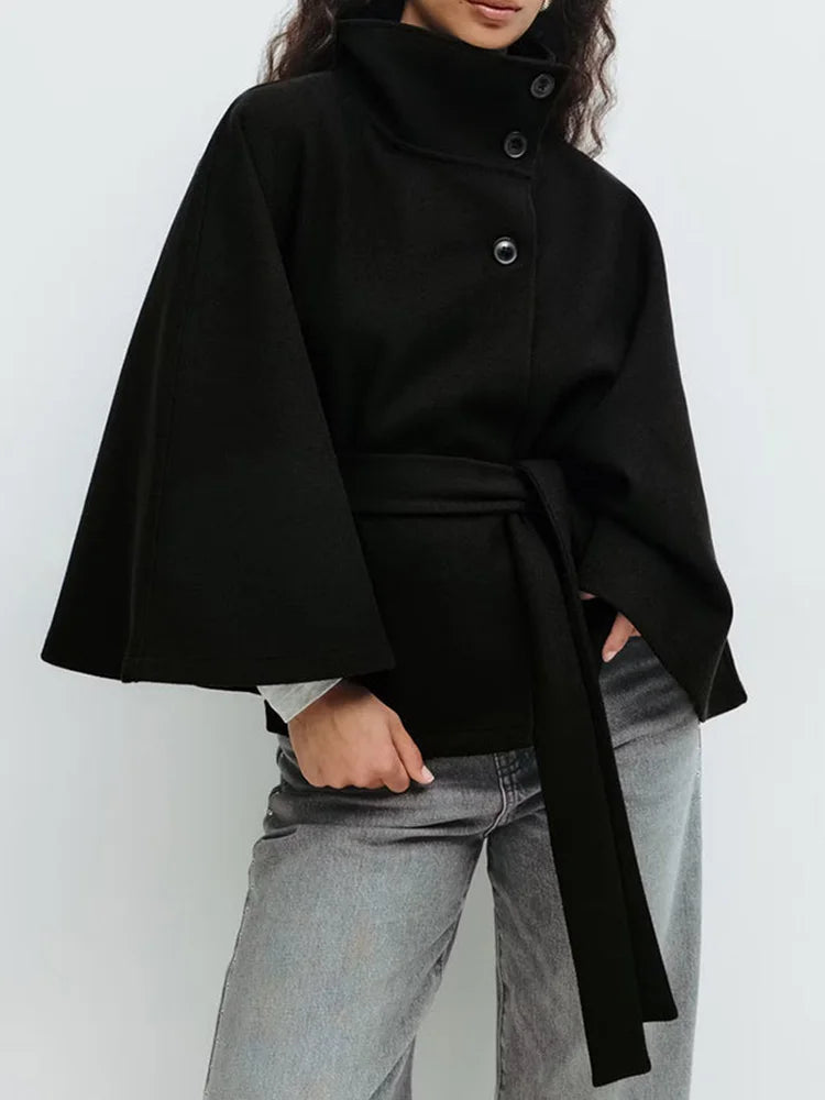 Women's Belted High Collar Jacket with Button Front