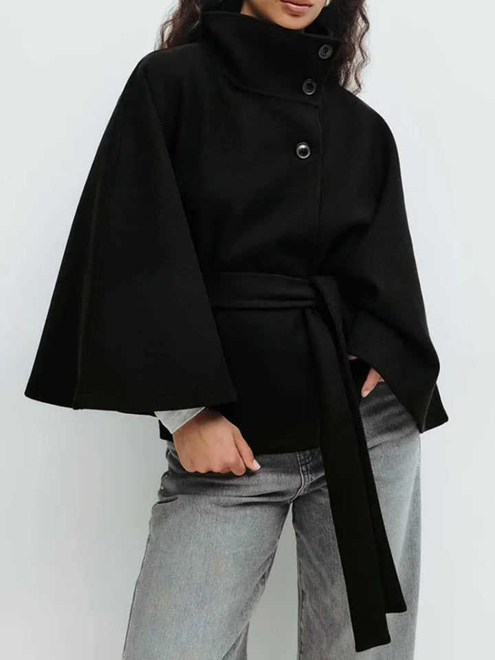 Women's Belted High Collar Jacket with Button Front