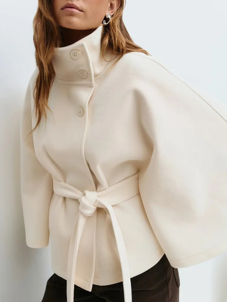 Women's Belted High Collar Jacket with Button Front