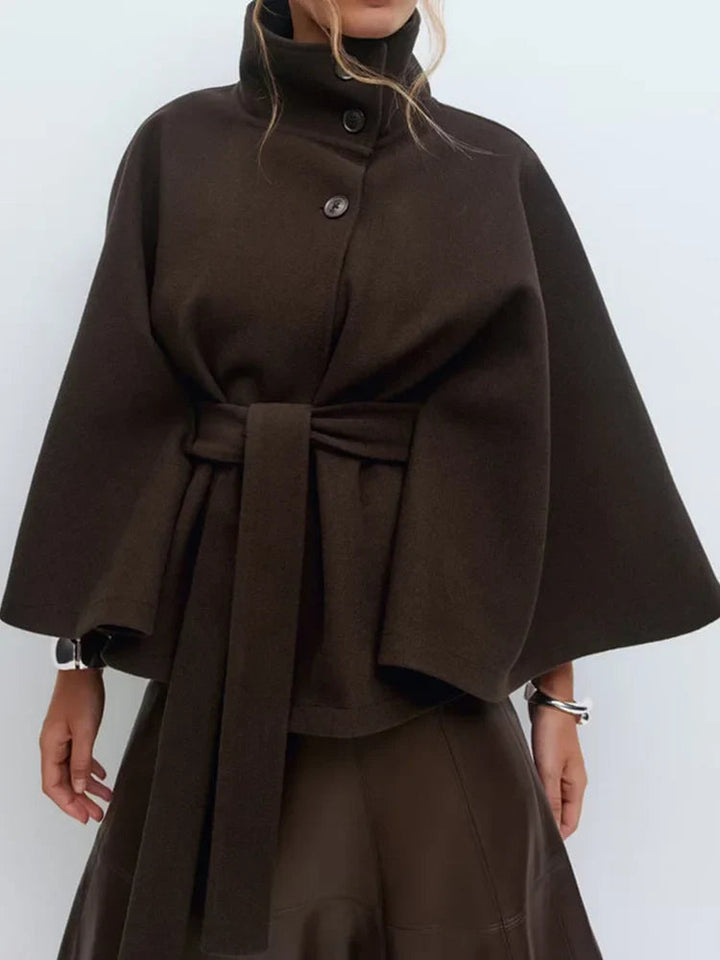 Women's Belted High Collar Jacket with Button Front