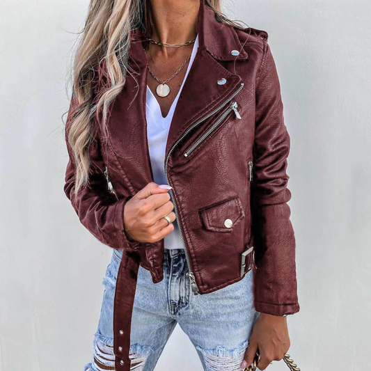 Veste élégante en cuir pour femme – col montant et modèle ceinturé