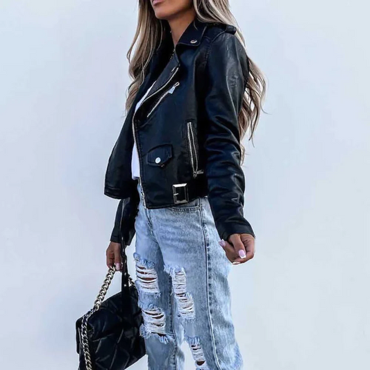Veste élégante en cuir pour femme – col montant et modèle ceinturé