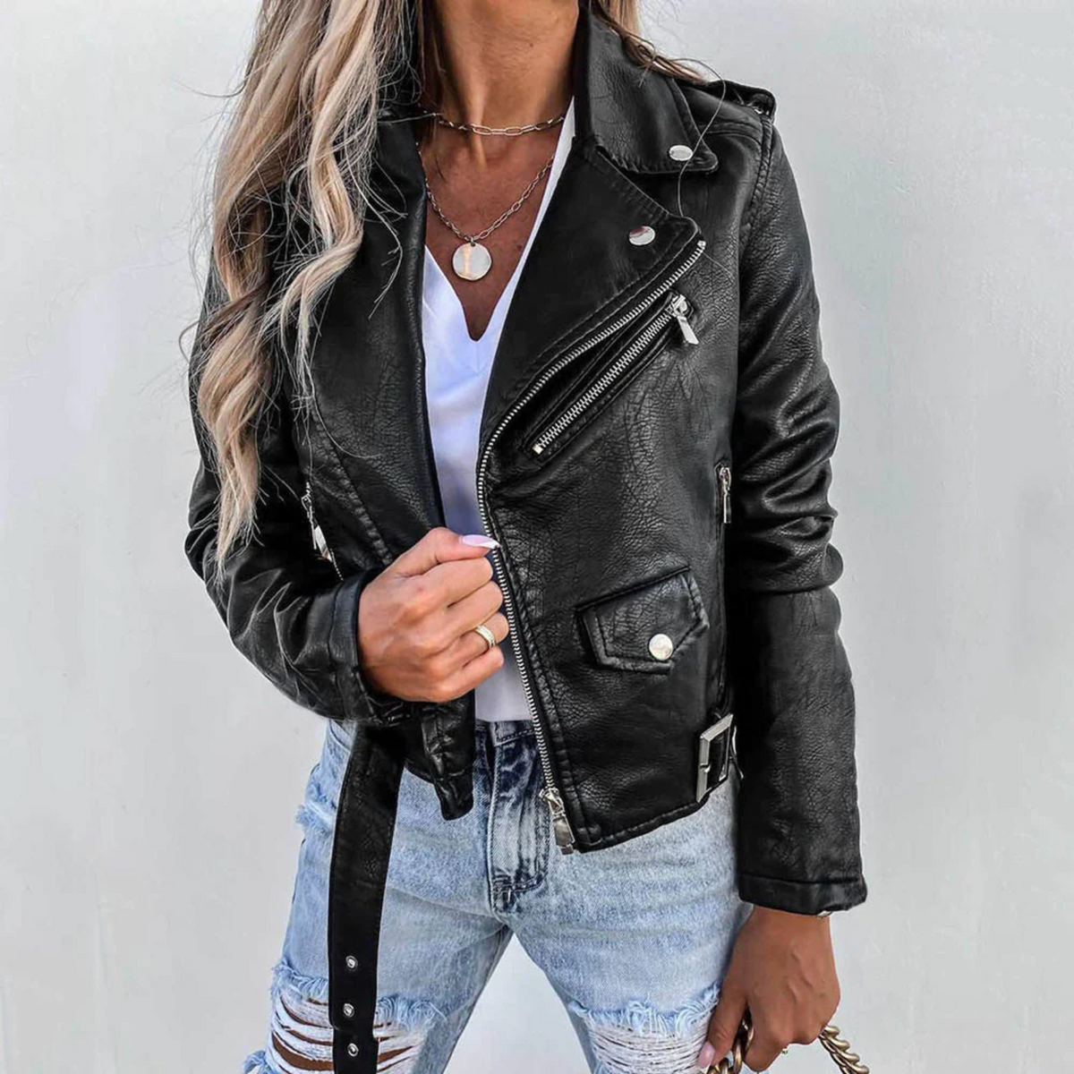 Women's Stylish Leather Jacket – Stand-Up Collar and Belted Design