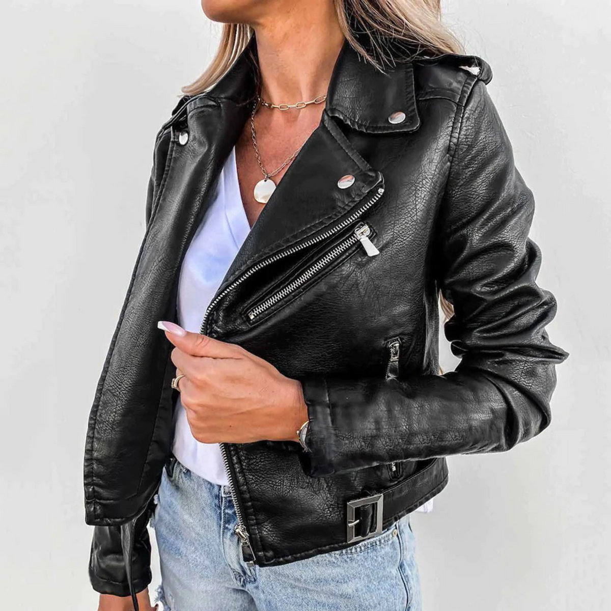 Women's Stylish Leather Jacket – Stand-Up Collar and Belted Design
