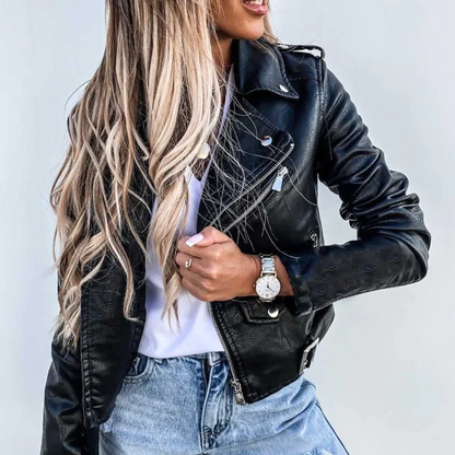 Women's Stylish Leather Jacket – Stand-Up Collar and Belted Design