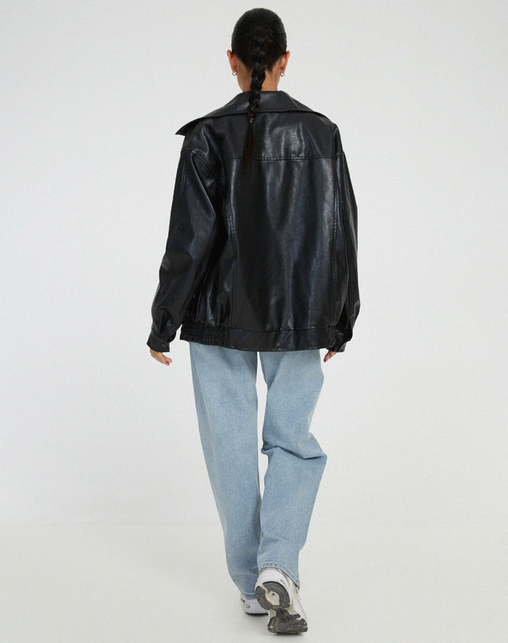 Women's Stylish Leather Jacket – Relaxed Fit with Lapel Collar
