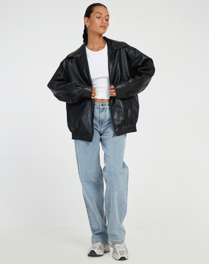 Women's Stylish Leather Jacket – Relaxed Fit with Lapel Collar