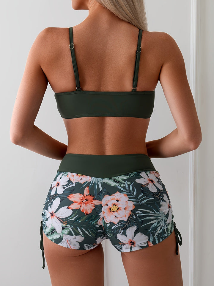 Women's 2-Piece High Waist Bikini with Green Floral Design-The Yellow Prime