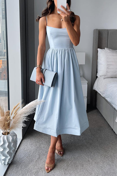 Women's A-Line Midi Dress with Spaghetti Straps and Defined Waist-The Yellow Prime