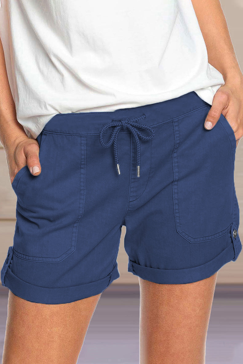 Women's Adjustable Drawstring Waist Cuffed Hem Shorts-The Yellow Prime