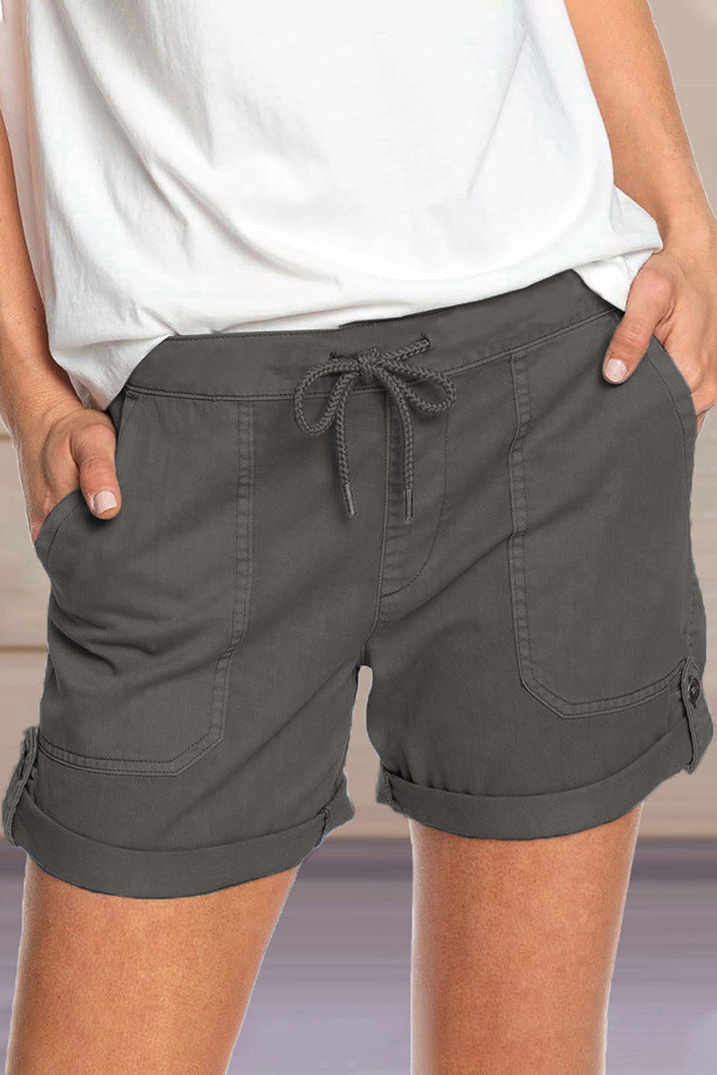 Women's Adjustable Drawstring Waist Cuffed Hem Shorts-The Yellow Prime