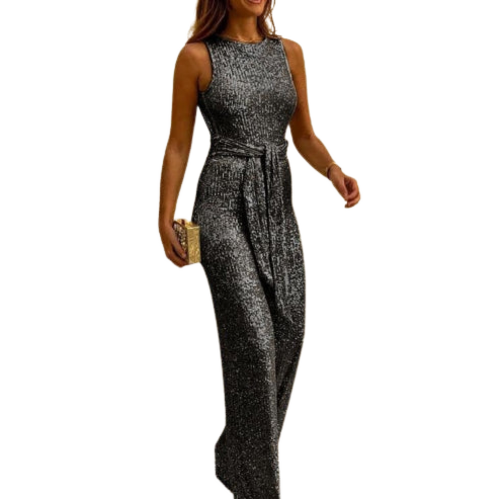 Women's Backless Glitter Jumpsuit with Waistband-The Yellow Prime