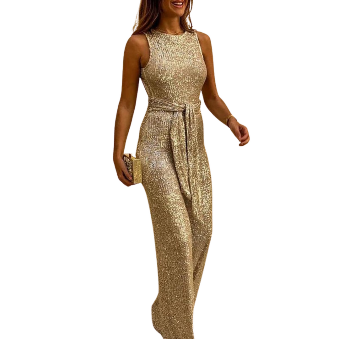 Women's Backless Glitter Jumpsuit with Waistband-The Yellow Prime