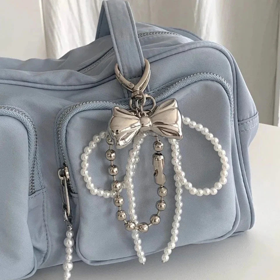 Women's Beaded Pearl Bow Keychain Y2K Bag Charm Gift Accessory-The Yellow Prime